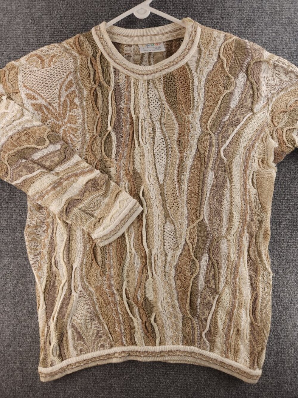 Coogi Shoulder Pads Neutral Australia Crew Neck Beige Pullover Large Knit
